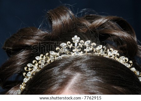 The Crowning Touch - A tiara of crystals and rhinestones in the bride\'s hair.  Note: Shallow depth of field with clear focus on the center of the tiara.