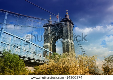 A view of the John A. Roebling Suspension Bridge,a US National Historic Landmark, photographed from Cincinnati Ohio.  Architect is John A Roebling.  Built and founded in 1856.