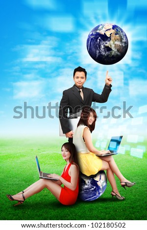 A group of business people help the world : Elements of this image furnished by NASA