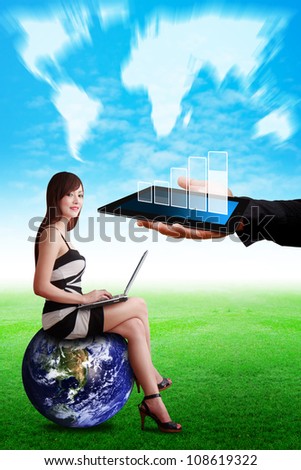 Lady on globe and Data report on tablet : Elements of this image furnished by NASA