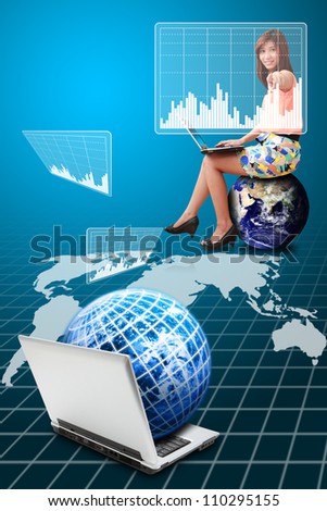 Lady on globe and graph report : Elements of this image furnished by NASA