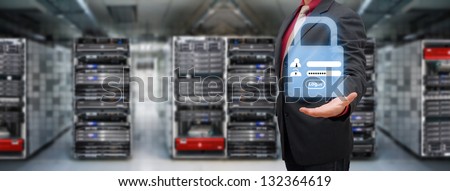 Programmer in data center room and Login screen activated for security