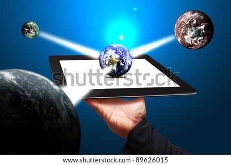 Smart hand show world connection on tablet computer