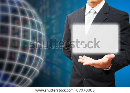 Business man hold space box and stock exchange background