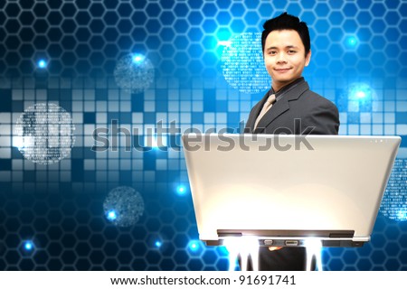 Smile business man notebook computer and digital background