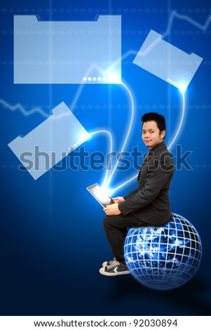 Business man sit on digital world and folder connect to graph report