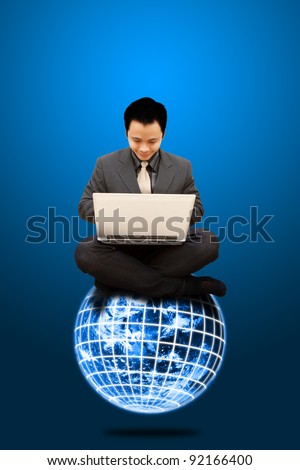 Smile Business man sit on digital earth