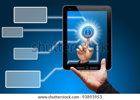 Business man hold tablet computer and windows background