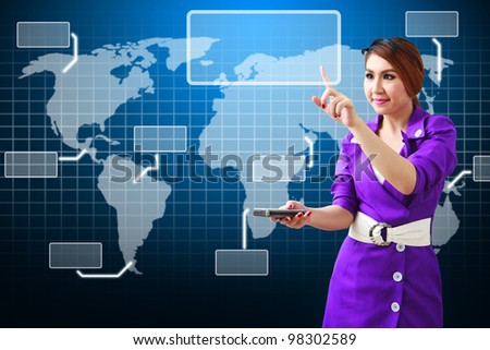 Secretary touch the window from world map connect