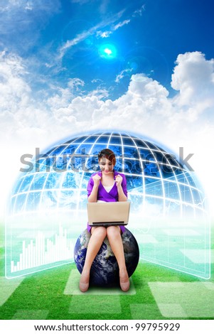 Business woman on globe and Digital world background on grass field  : Elements of this image furnished by NASA