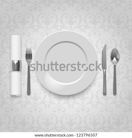 Dinner plate with cutlery and napkin, eps10 vector