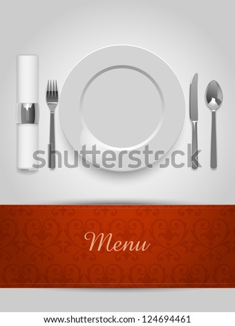 Menu illustration with plate and cutlery, eps10 vector