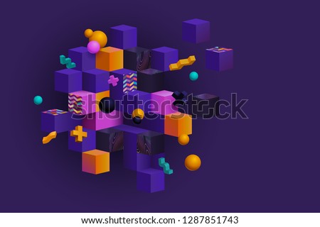 Colorful abstract composition with 3d cubes, spheres and shapes, memphis inspired. Eps 10 vector.