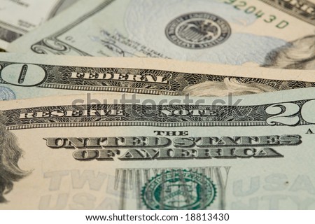 Closeup detail of the words Federal Reserve on 20 dollar bills