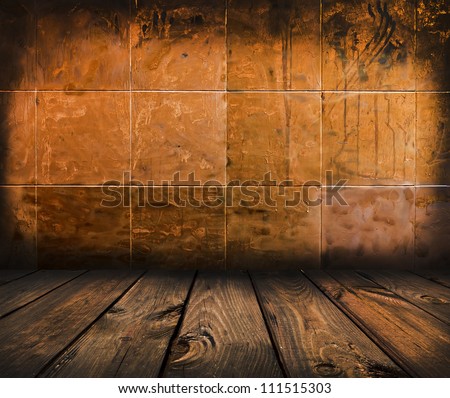 scary mosaic room, gold background with wood floor