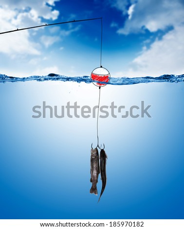 fishing line and hook underwater with fish under water surface.l