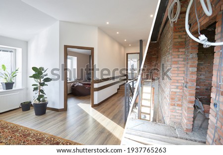 Home renovation concept. Before and after interior in modern style 商業照片 © 