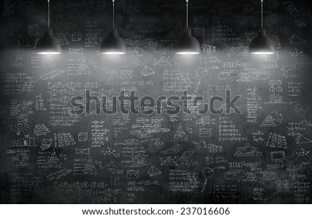 room with pendant lamp and business idea concept on wall blackboard blackground