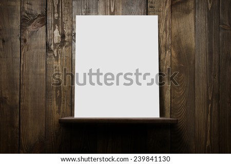 Wood shelf, grunge industrial interior, concrete wall with shelf and blank poster