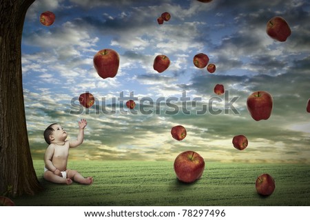 child sitting under an apple tree on green field