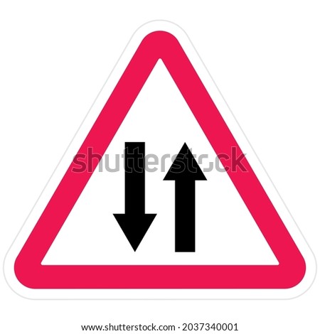 Two way road sign A9. An image of a bidirectional triangle sign with a red border. Vector illustration at triangular shape. Traffic in both directions, Both-way traffic