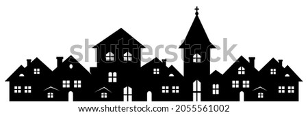 Township with church, black silhouette on white background, vector illustration
