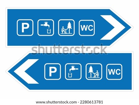 traffic signs, set, direction left, right, set icon, WC, rest area, drinking water, parking lot, vector