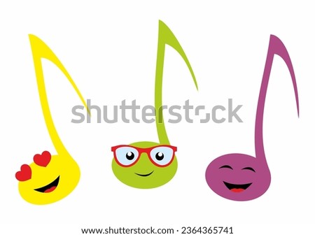 Three smiling music notes, expressions, emoji, color crazy vector illustration, head, eyeglasses, smile face, white background, cartoon