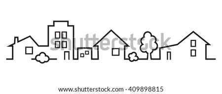 cityscape, houses and greenery, vector icon, in a row