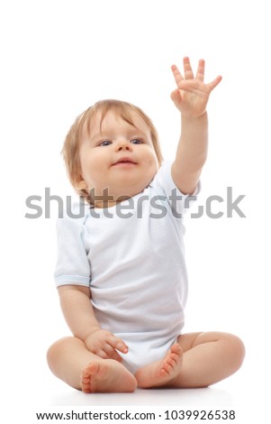 Similar – Image, Stock Photo Young baby sits up in bed with stuffed animal toys; child wearing diaper