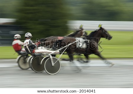 two horses coming to finish line fast action blur background