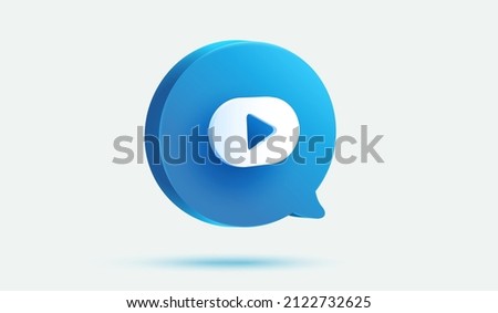 blue message bubble with Play video button 3d vector icon. Media player sign or symbol 