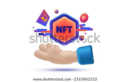 Hand with NFT non-fungible token icon with types of digital data files symbol vector illustration