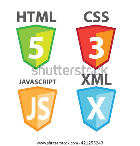 vector of web development shield signs : html5 icon, css3, javascript and xml 
