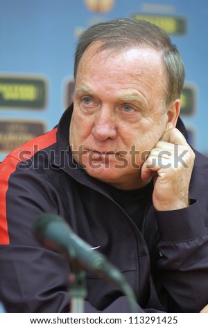 DNEPROPETROVSK, UKRAINE - SEPT. 19: Head Coach of FC PSV Dick Advocaat gives an interview before the match of UEFA Europa League FC Dnipro vs FC PSV on September 19, 2012 in Dnepropetrovsk, Ukraine