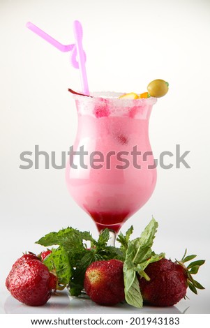 strawberry mint cocktail with stroll on white background