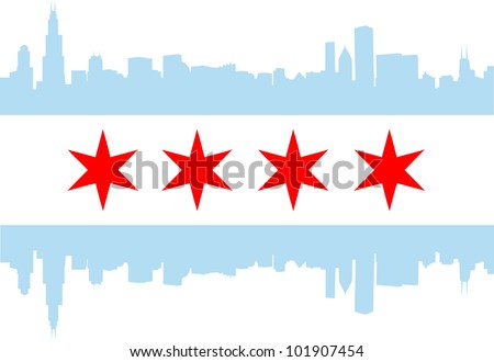 City of Chicago flag with high rise buildings skyline