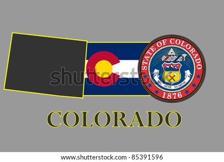 Colorado state map, flag, seal and name.