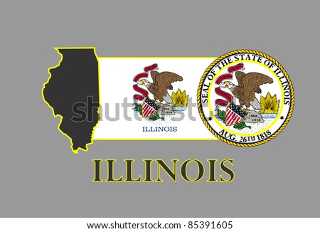 Illinois state map, flag, seal and name.