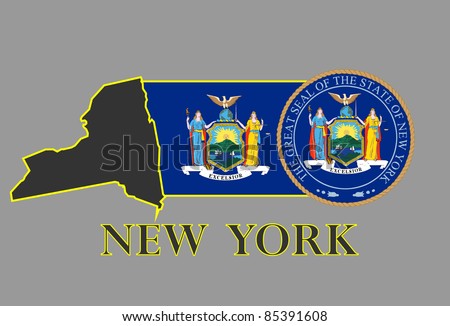 New York state map, flag, seal and name.