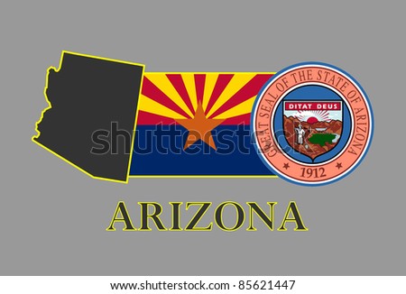 Arizona state map, flag, seal and name.