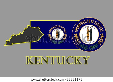 Kentucky state map, flag, seal and name.