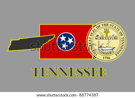 Tennessee state map, flag, seal and name.