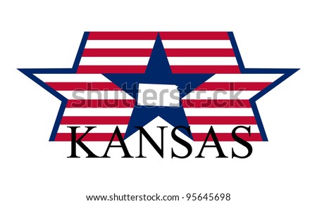 Kansas state map, flag, and name.