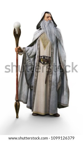 A white wizard with staff on an isolated white background. 3d rendering Сток-фото © 