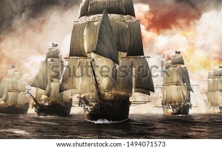 Front view of a raider pirate ship fleet piercing through the smoke and the fog after a successful attack leaving destruction behind. 3d rendering Foto stock © 