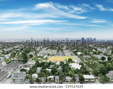 Residential neighborhood with commercial and cityscape background.