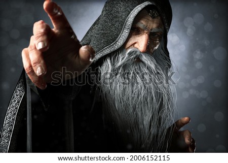 Portrait closeup of a wise Warlock old hooded wizard posing ready to cast an enchanted powerful spell  with a blue gradient background. 3d rendering Foto stock © 