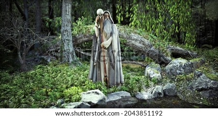 The Wizard of the woods. A legendary white cloaked wizard posing in his mythical enchanted forest by a nearby pond. 3d rendering Foto stock © 