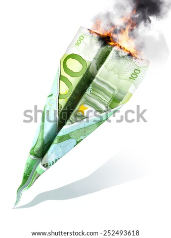 European market crash or dept concept. Euro currency in the shape of a jet, crash and burning on a white background.